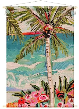 Bilderwelten Wandteppich Palme mit pinken Blumen II Kunst Holzstäbe Wandbehang XXL 217x145 cm Wandtuch Wandbild Tapisserie Wohnzimmer