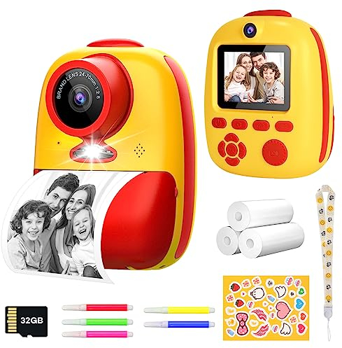 Kids Instant Print Camera, Digital Camera for Kids with Zero Ink Print Paper, 1080P Video Recorder with 32G TF Card & Color Pens for DIY, Childhood Toys Gifts for Boys and Girls