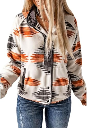 Vagbalena Langärmlige Druckknopfjacke mit Taschen für Damen im Western-Azteken-Print lockere Jacke mit bedrucktem Muster leichte langärmelige gebürstete Jacke mit Revers