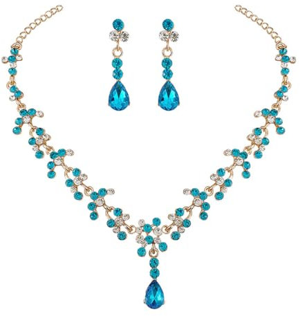 Prosy Braut Strass Halskette und Ohrring Set Kristall Halskette Braut Party Hochzeit Schmuck Sets für Frauen und Mädchen (Himmelblau)