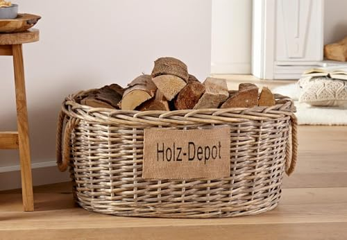 Dekoleidenschaft großer Aufbewahrungskorb aus Weide im Shabby Look, Feuerholzkorb, Brennholzkorb (mit Stoffpatch)