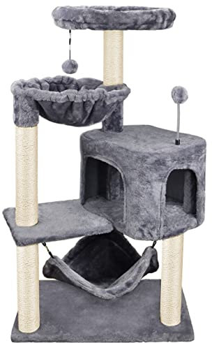 ROYPET 100cm Cat Tree with Sisal Scratching Posts for Indoor Cats,Cat Tower with Hammock and Hanging Ball Toy,Pet Furniture Activity Centre with Condo,Play Towers&Trees,Grey(New)