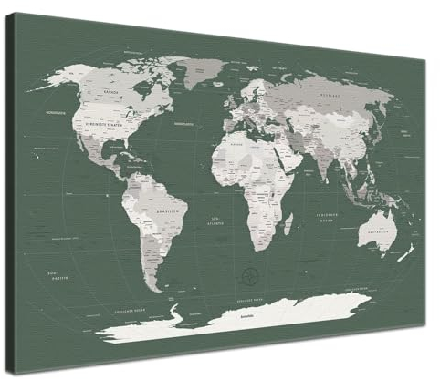 LANA KK Weltkarte-Pinnwand als Leinwandbild, pinne Deine Reisen und Erinnerungen – World Map Green Smoke - Deutsch - Landkarten-Wandbild in grün, 100 x 70 cm