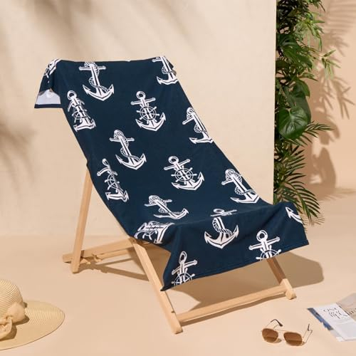 Dreamscene Badetücher für Erwachsene, Marineblau, Anker-Druck, Strandtuch, Mikrofaser, superweich, schnell trocknend, Strandurlaub, Reisehandtücher für den Sommer, 71 cm x 152 cm