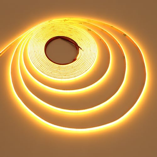 TOPAI 24V COB LED Streifen 5M Gelb, Schmal 5mm Breit LED Strip Selbstklebend 400LED/M CRI>90, Nicht Wasserdicht Flexibles Schneidbar für Innenbereich Heim Küche Deko DIY