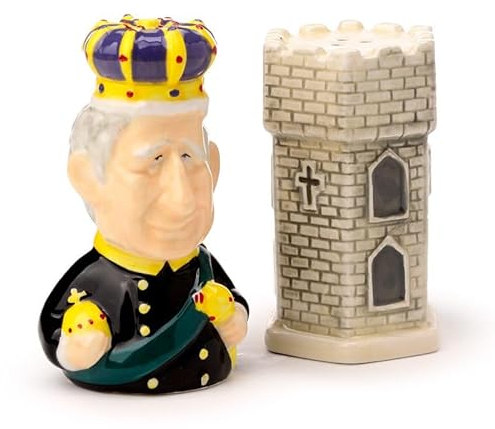JMS we create smile - Salt & Pepper Shaker Set Novelty King Charles III Ceramic Shaker Pots Pepper and Salt Cruet Set - Spice Shaker Set Condiment Dispenser Seasoning Set for Home Kitchen Dining Table