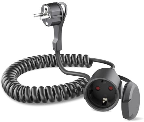 Câble spiralé d'extension,2m de câble spiralé extensible,Câble spiralé à contact de protection extensible de 2m max,Fiche à enroulement à contact de protection,Prise à contact de protection,IP20, noir