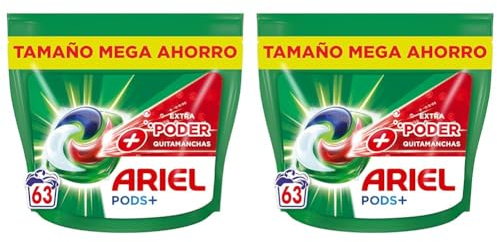 ARIEL PODS Todo en 1 Detergente Lavadora Líquido en Cápsulas/Pastillas, 126 Lavados, Más Poder Extra Quitamanchas, Limpieza Profunda (2 x Paquetes de 63)