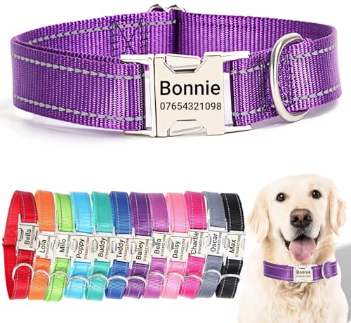 SEOUGEE Personalised Dog Collar with Engraved Metal Buckle, Reflective Nylon Collars for Small Medium Large Dogs with Custom Name Plate Phone Number (Dark Purple, M:Neck 35-50cm,Width 2cm)