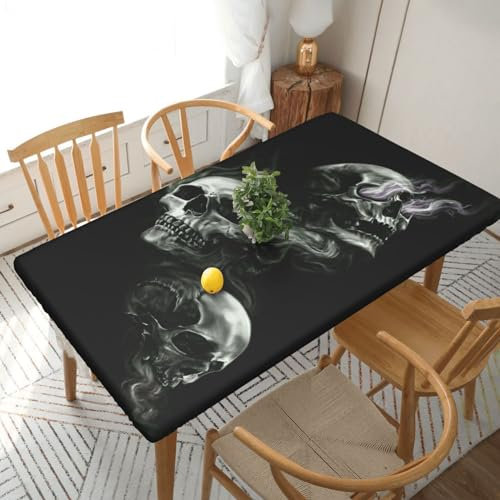 LAMAME Schwarze und weiße Tischdecke mit Totenkopf-Druck, elastische Kanten, Tischschutz für 1,5 m große Tische