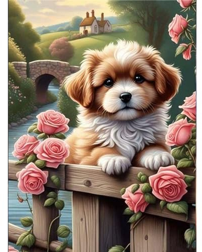 Chien DIY Peinture Diamant Adulte, Fleurs 5D Diamond Painting Enfant Diamant Kits de Broderie au Point de Croix Diamant Strass Point de Croix Painting pour Murale Décoration 30x40cm