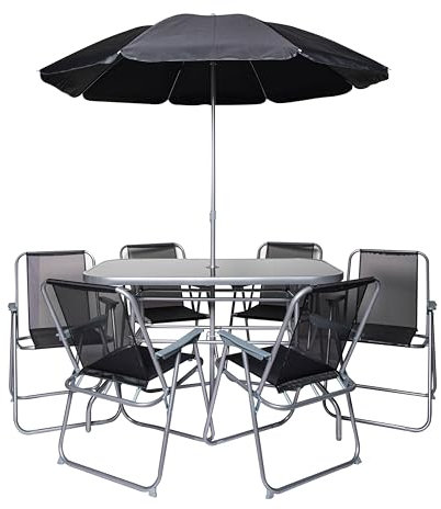 Samuel ALEXANDER 6 Person Garden Furniture Patio Set Table, 6 Chairs & Parasol with Black Glass