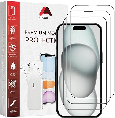 Mobitel 3-Pack Tempered Full Coverage Glass Screen Protector 9H Hardness Anti-Bubble Anti-Scratch Case Friendly Easy Installation HD Clear (iPhone 15)