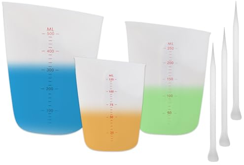 LPAMABA 3PCS Vaso Medidor de Silicona 125/250/500ML, Jarra Medidora de Silicona Antiadherentes, Vaso Medidor Silicona Resina Epoxi Reutilizable con 3 Varillas para Aboratorio, Cocina (Blanco)