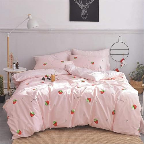 Freyamy Kinderbettwäsche 135x200cm 2teilig Rosa Rot Cartoon Erdbeere Kinder Wendebettwäsche Gebürstet Microfaser Mädchen Bettwaren-Sets Weiche Bettbezug mit Reißverschluss und Kissenbezug 80x80cm