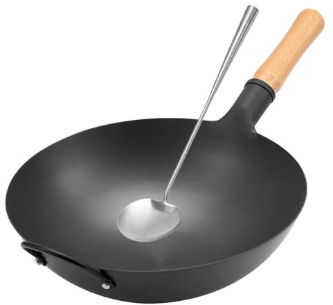 WANGYUANJI Eisen-Wok, 36 cm, traditioneller Wok mit rundem Boden, professionelle Bratpfanne mit Holzgriff, chemikalienfreier Eisenwok für Gasherde und Induktionsherde mit rundem Boden