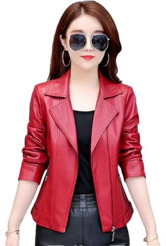 Alloaone Damen Lederjacke Schaffell Oversize Schaffellmantel Langarm Lose Lederjacke wine red 5XL