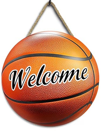 BasketBall type B Weclome Wooden Door Sign(12''x12''),Rustic Basketball Sports Round Wooden Hanging Sign Plaque Door Hanger Wall Decor Indoor Outdoor