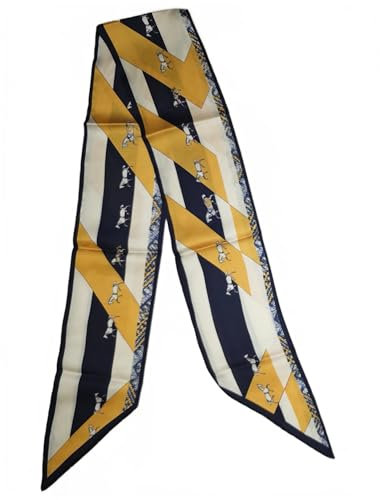 GIMIRO Satin Seidenschal 148 x 13,5 cm Krawatte Double Layer Bund für Blazer, Mantel, Kleid (97# Navy - Yellow - Horse)