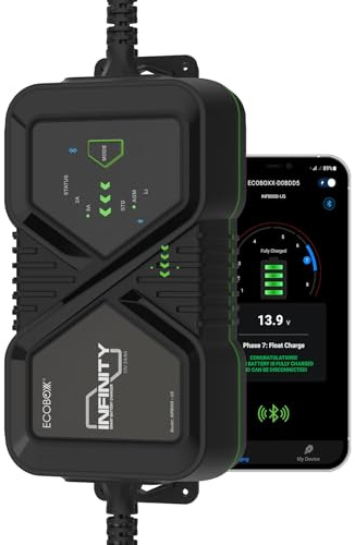 Infinity 8A Batterieladegerät mit Bluetooth-App-Steuerung, 12 V, umschaltbar 8 AMP/2 AMP, 8-stufiges Kfz-Ladegerät, Batterie-Management, Akku-Desulfator für Auto,