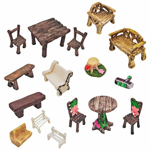 Miniatur-Gartenmöbel-Set - 16-teiliges Miniatur-Tisch- und Stühle-Set aus Kunstharz für Outdoor-Dekor, Erwachsenen-DIY-Bastelgeschenk & Mikro-Landschafts-Dekor-Zubehör (Dorf)
