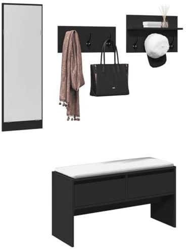 Myheimly 4-TLG. Garderoben-Set Flurgarderobe mit 6 Garderobenhaken, Garderobe für Eingangsbereich, Wandgarderobe Flurbank, Schwarz Holzwerkstoff