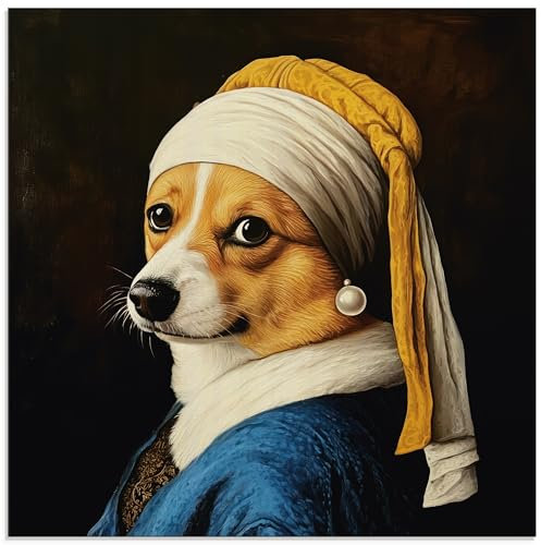 ARTland Wanddeko Glasbilder Wandbild Glas Bild 50x50 cm Vermeer Adaption Mädchen Ohrringe Corgi mit dem Perlenohrring U5MV