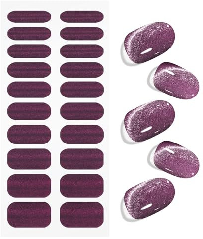 JMEOWIO Gel Nail Stickers Deep Purple Cat Eye Semi Cured Gel Nail Strips Wraps UV/LED Nails Art Design Decoration Accessories