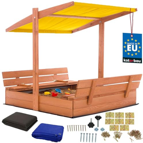 KOTARBAU® Sandkasten mit Abdeckung 120 x 120 cm Großer Braun Holzsandkasten mit Gelb Dach Sandkasten mit Deckel Sandkasten mit Dach Gartenspielzeug Kinder imprägniert verschließbar mit Bänken