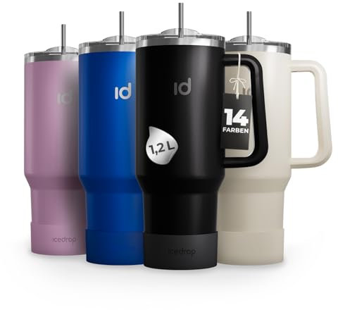 IceDrop® XXL Thermo Cup 1.2L für 12 Stunden kalte oder heiße Getränke I 100% auslaufsicherer Thermobecher mit Strohalm I robuste Trinkflasche mit Strohhalm und Griff I Tumbler Cup - Schwarz