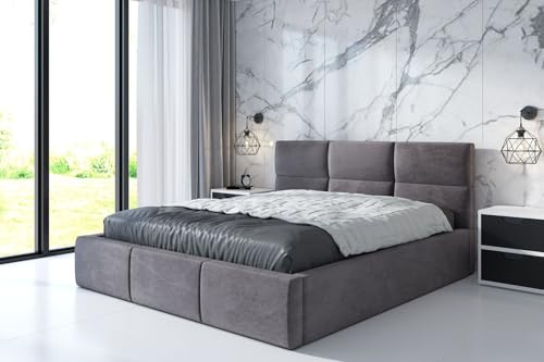 A&J MöbelLand Polsterbett 120x200 mit Bettkasten und Lattenrost – Emili, Bett mit Matratze und Stauraum in Grau
