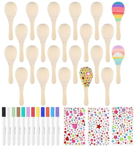 PLULON 20 Pcs Wooden Maracas for Kids, Mini Maracas with Multicolor Pens and Gem Stickers for Cinco De Mayo Unfinished Festival Painting Crafts Shakers Fiesta Mexican Birthday Party Favors Supplies