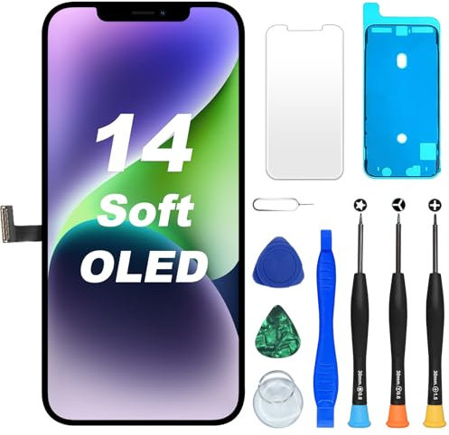 DIGI4U Display für iPhone 14 Soft OLED 6.1 Zoll Bildschirm Ersatz True Tone FHD COP Display Digitizer Assembly mit Reparaturwerkzeug, Displayschutz und wasserfestem Kleber