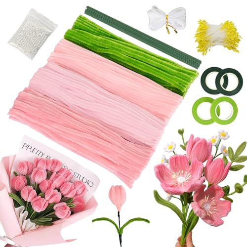 400 Piezas Limpiapipas Manualidades, Kit Limpiapipas Flores Rosa con Alambres Verdes, Cintas Floristería, Papel Regalo, Set Manualidades Flexible Ramos Tulipanes DIY, Idea Regalo para Mamá Esposa