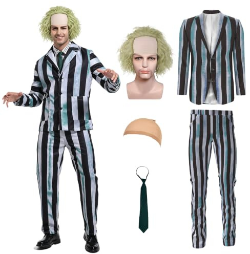 Herren Horror Cosplay Schwarz Weiß Gestreiftes Anzug mit Zubehör | Schwarz Weiß Gestreifter Anzug mit Perücke Krawatte Halloween Karneval Fancy Dress up Cosplay Kostüm