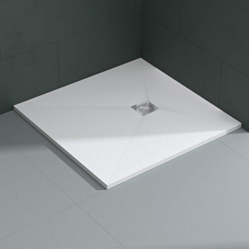 Mai & Mai Receveur de Douche Blanc Carré 100x100x3cm | Fabriqué en Résine, Bac à Douche Extra-plat, Receveur Antiglisse pour Salle de Bain, Géo9