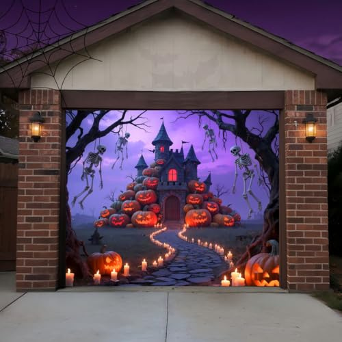 ZFFLYH Decoraciones Cubierta Puerta Garaje De Halloween Banner, Grandes Pared De Cubierta Puerta Fondo Colgante Halloween para Decoraciones Vacaciones Al Aire Libre,Castle,8 * 7