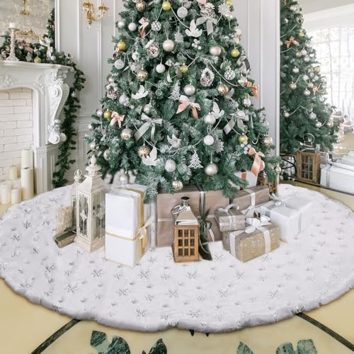 Saituo Home 90CM Weihnachtsteppich, Schneeflocken Pailletten Weihnachtsbaumdecke Rund, Weiß Christbaum Weihnachtsdecke, Rund Decke Weihnachten für Weihnachtsbäume Verschiedene Kunstbäume Christbäume