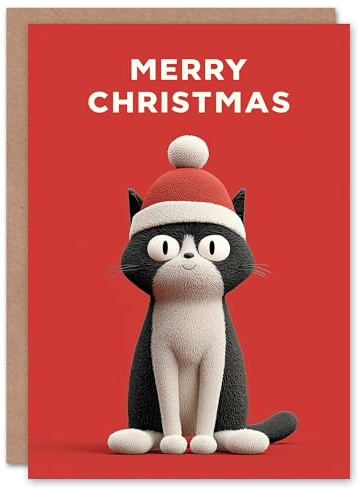 Artery8 Christmas Card Tuxedo Cat Lover Cute Pet Wearing Santa Hat