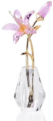 Rosa Kristall Lilienblüten Figur mit Stielen,Handgefertigte Lilien Glasblumen mit Kristallvase,Kristallglas Ornament Deko für Hochzeit, Valentinstag, Party, Tischdekoration