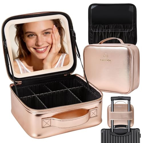 DaizySight Travel Makeup Bag with Detachable Led Light Mirror, Large Capacity Cosmetic Organizer Vanity Travel Case for Make up with Adjustable Compartment - Rose Gold