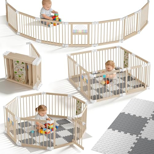 UISEBRT XXL Laufstall Baby Holz mit 2 Spielcenter,Verstellbare Größe & Form Laufgitter mit doppelter Sicherung,Faltbar kinderlaufstall 8 Elemente Absperrgitter für Babys und Kleinkinder,mit matratze