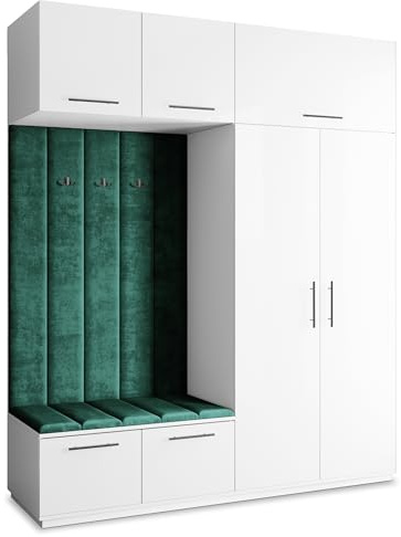 Masseno Flugarderoben Set Rema, Kleiderschrank-Set mit Sitzbank, Garderobenschrank Flur mit 5 Regalböden, Weiß