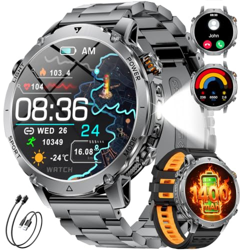 1400mAh Akku Smartwatch Herren, 1.7 HD Militär Smart Watch mit Telefonfunktion, 110+ Sportmodi, IP68 Fitnessuhr, Herzfrequenz/Schlafmonitor, LED Taschenlampe, Sportuhr für Android iOS, Grau Schwarz