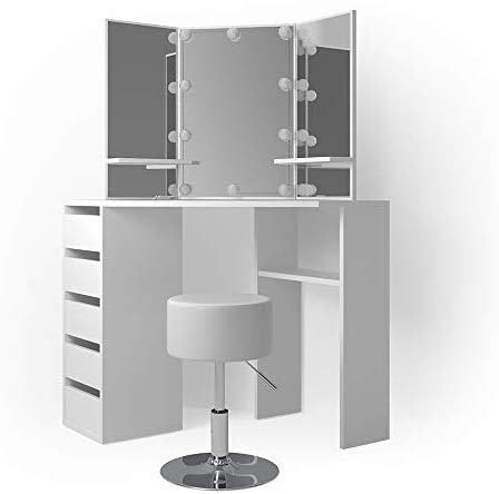 Vicco Frisiertisch für die Ecke Arielle, Weiß, 110 cm mit LED Beleuchtung und Hocker