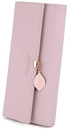 RRANCharltu Portefeuille Femme Longue Porte-Cartes Porte-Monnaie à glissière avec Feuille Pendentif en PU Cuir, 10 Emplacements Cartes pour Cadeau de Noël Saint-Valentin (Rose)