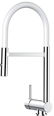 Unterfenster Wasserhahn Küchenmischer mit schwenkbarem Auslauf und abnehmbarer 2 strahl Handbrause - Gesamthoehe abgeschwenkt nur 60mm // Griff auf linker Seite (weiß)