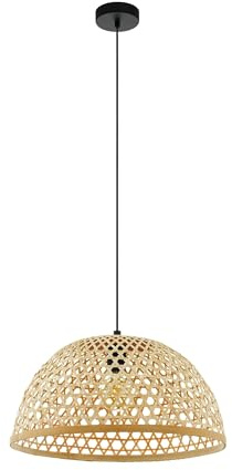 EGLO pendant lamp Claverdon, 1-light hanging lamp vintage, natural, boho | hygge, steel and wood in black and natural colours, dining and living room lamp with E27 socket, Ø 49.5 cm