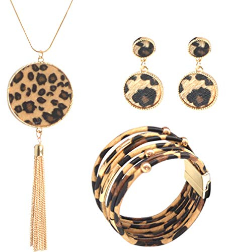 YAZILIND 3 Stück Leopard Schmuck Set Leopard Leder Armband Dangle Ohrring Halskette für Frauen Runde