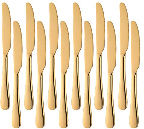 SUNSENGEUR Cuchillos de postre de acero inoxidable, paquete de 12 cuchillos de postre para cocina, restaurante, color dorado